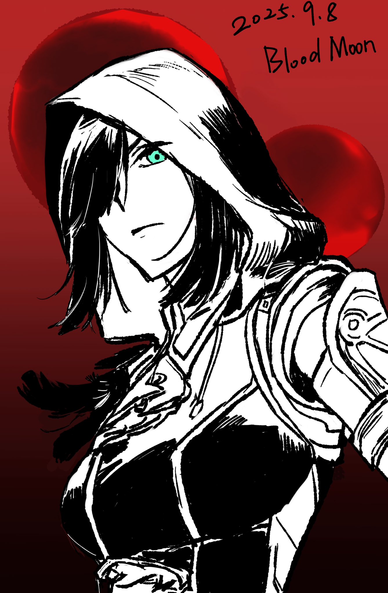 aprilis (ys), ys, ys ix: monstrum nox, highres, 1girl, black hair, blue eyes, blunt bangs, breasts, closed mouth, dated, feathers, hair over one eye, hood, hood up, looking down, mechanical arms, medium hair, minamiiiiiii7, moon, multiple moons, red background, red moon, single mechanical arm, solo, straight hair, upper body