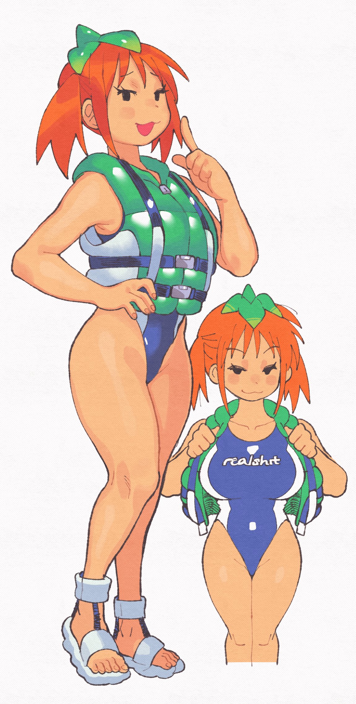 inkerton-kun, original, highres, 1girl, :3, breasts, closed mouth, clothes writing, english text, full body, large breasts, leotard, life vest, looking at viewer, open mouth, orange hair, sandals, solo, twintails, white background