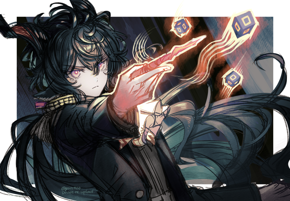 ysm1100, ebenholz (arknights), arknights, 1boy, angry, animal ears, black hair, dice, floating, goat ears, hair between eyes, horns, levitation, looking ahead, male focus, solo, wand