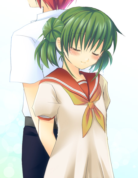 kimiyoshi natsumi, toudou akira, higurashi no naku koro ni, 00s, back-to-back, blush, closed eyes, donut hair bun, green hair, hair bun