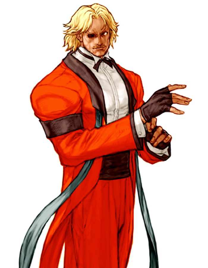 nishimura kinu, rugal bernstein, capcom, capcom vs. snk, capcom vs. snk 2, snk, the king of fighters, official art, 1boy, blonde hair, fingerless gloves, gloves, male focus, one-eyed, solo