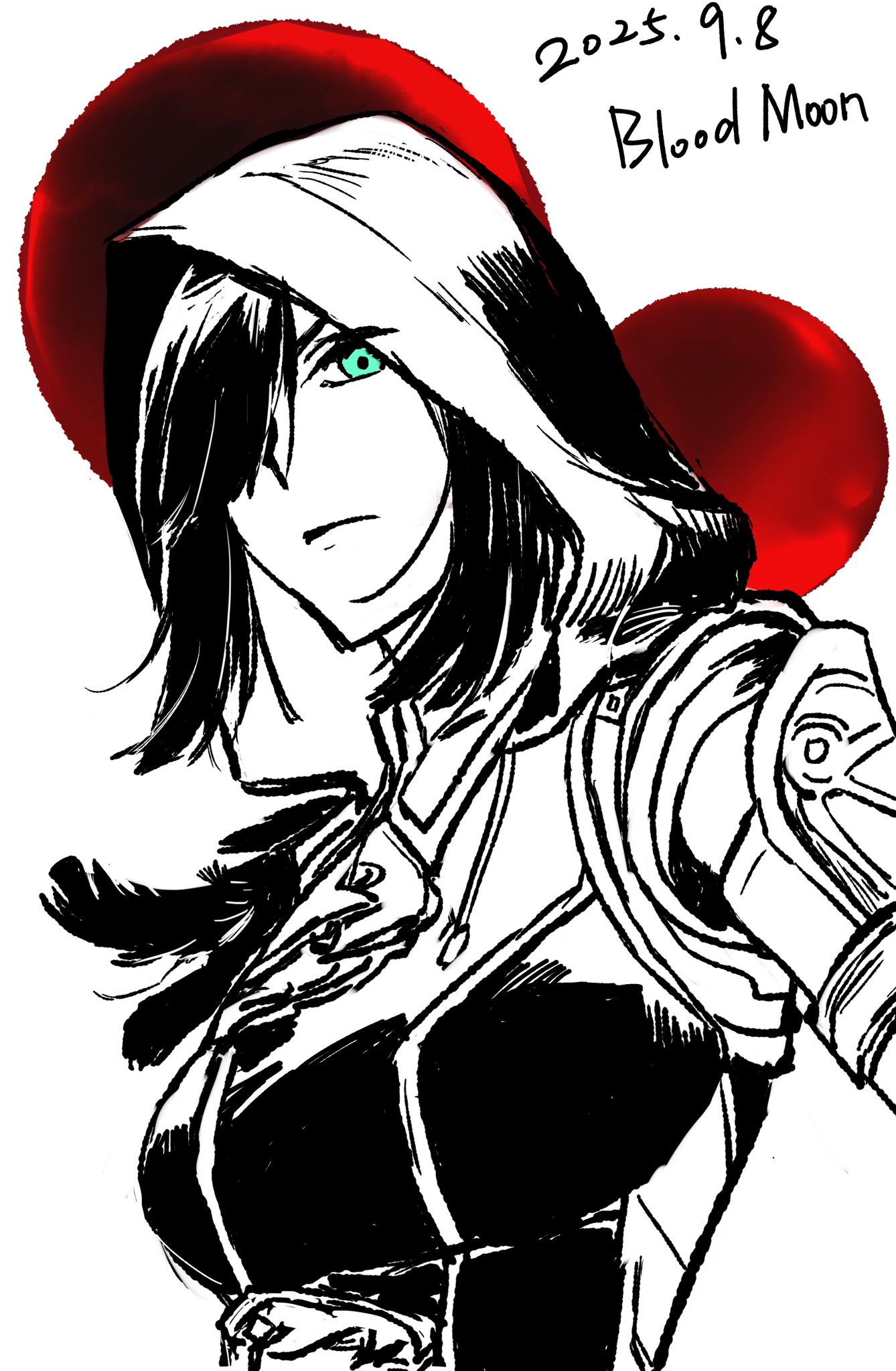 aprilis (ys), ys, ys ix: monstrum nox, highres, 1girl, black hair, blue eyes, blunt bangs, breasts, closed mouth, dated, feathers, hair over one eye, hood, hood up, looking down, mechanical arms, medium hair, minamiiiiiii7, moon, multiple moons, red moon, simple background, single mechanical arm, solo, straight hair, upper body, white background