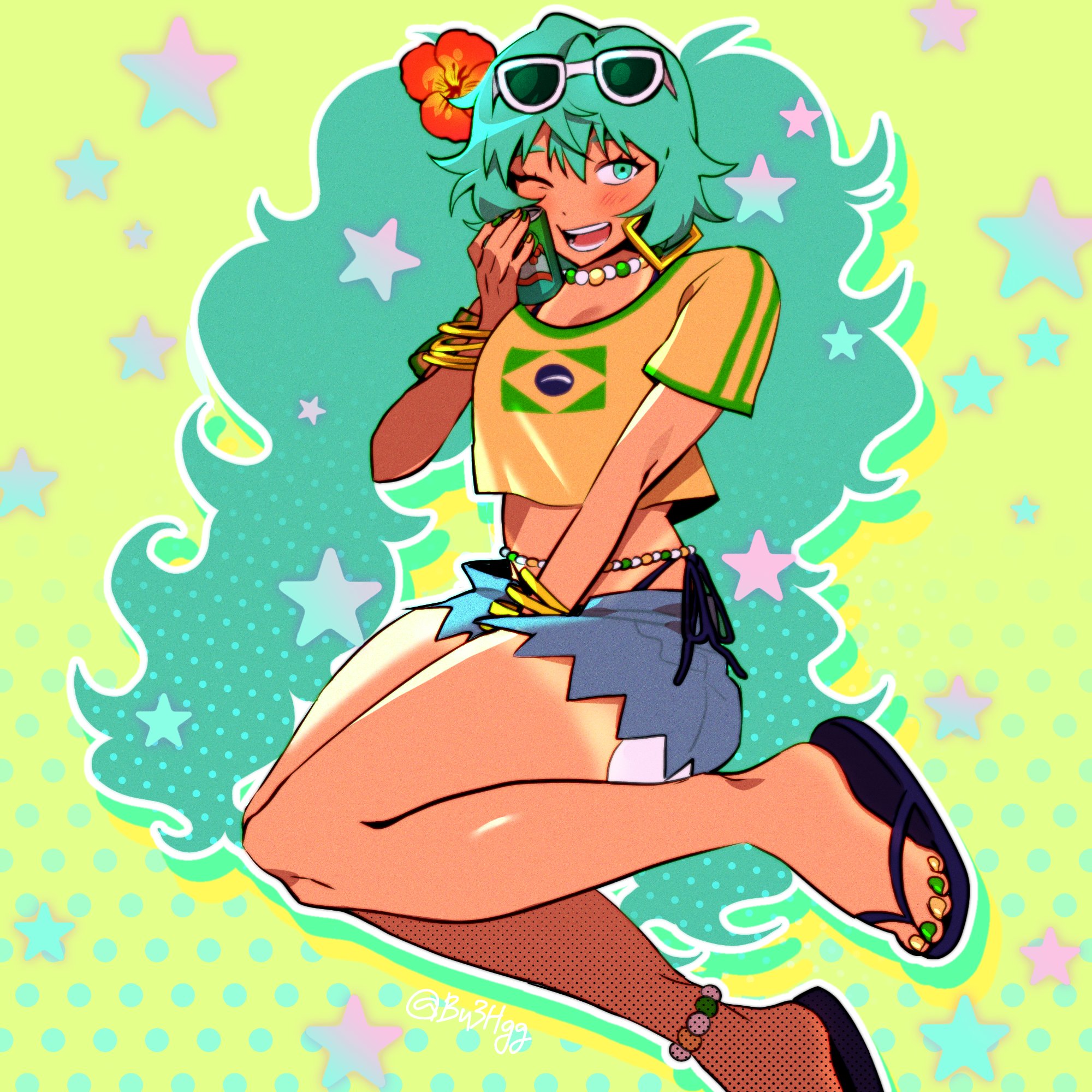 bu3hgg, brazilian miku, hatsune miku, vocaloid, commentary request, highres, korean commentary, 1girl, ;d, anklet, aqua eyes, aqua hair, arm between legs, bare legs, bead anklet, bead choker, beads, bikini, black bikini, black sandals, blue shorts, bracelet, brazilian flag, brazilian flag print, breasts, can, cleavage, crop top, cropped shirt, curly hair, dark-skinned female, dark skin, denim, denim shorts, double-parted bangs, double vertical stripe, drink can, earrings, exposed pocket, eyewear on head, film grain, flag print, flower, foot out of frame, gold bracelet, gold earrings, green nails, hair between eyes, hair flower, hair ornament, halftone, halftone background, hibiscus, holding, holding can, jewelry, jumping, knees together feet apart, long hair, looking at viewer, midriff, nail polish, one eye closed, open mouth, outline, red flower, sandals, shirt, short shorts, short sleeves, shorts, side-tie bikini bottom, simple background, smile, soda can, solo, star (symbol), star symbol background, sunglasses, swimsuit, t-shirt, tan, tanline, teeth, toenail polish, toenails, toes, tongue, twintails, twitter username, very long hair, white-framed eyewear, white outline, yellow background, yellow nails, yellow shirt