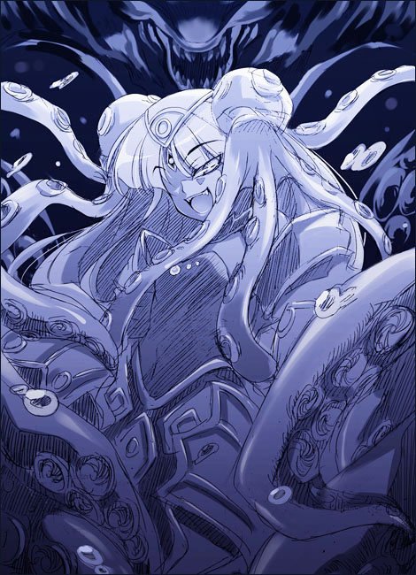 endaness, culdcept, 1girl, blue theme, female focus, monochrome, solo, tentacles