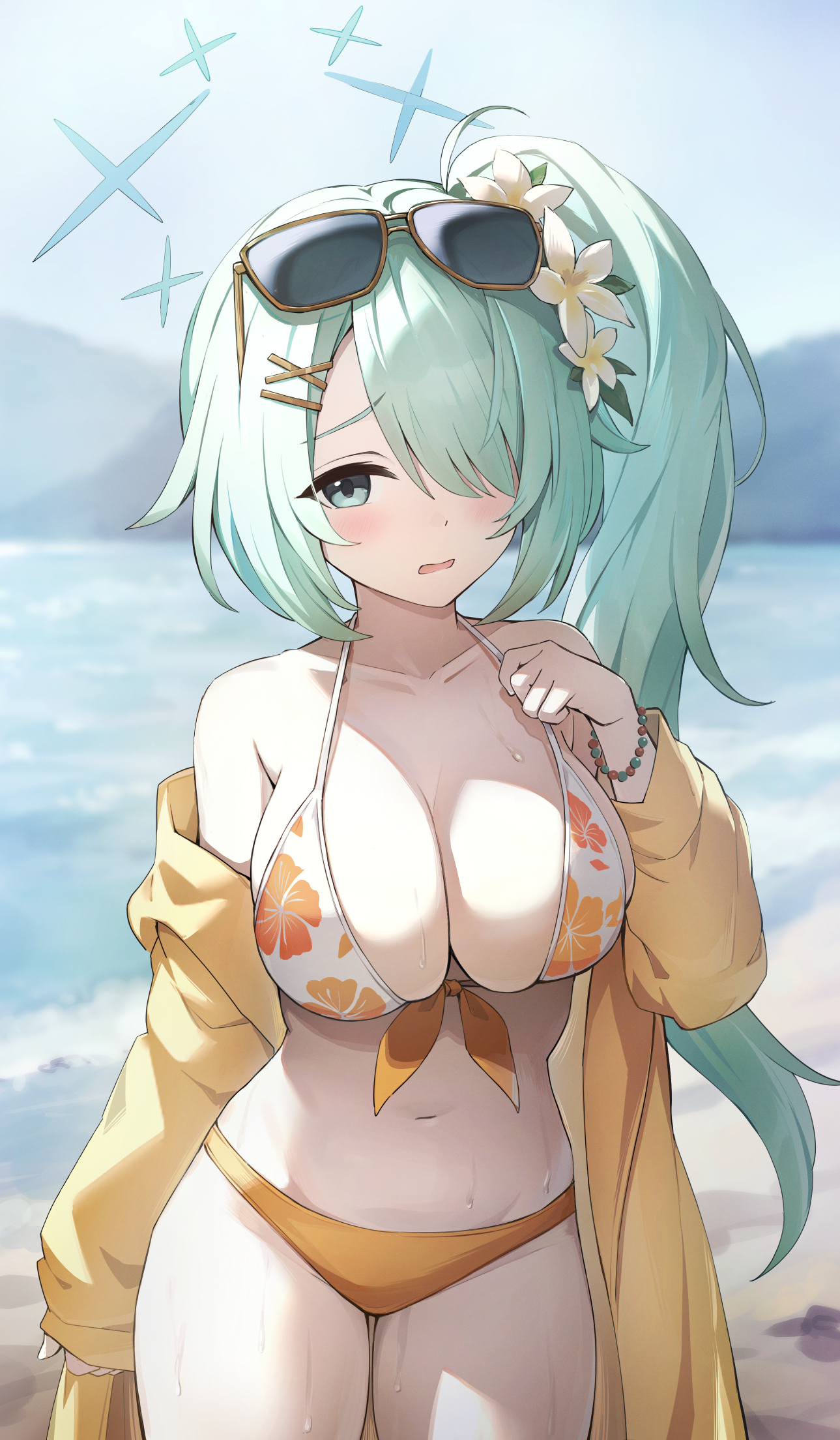 mimihachi, hiyori (blue archive), hiyori (swimsuit) (blue archive), blue archive, commentary, highres, 1girl, aqua hair, beach, bikini, blurry, blurry background, breasts, cleavage, cowboy shot, day, eyewear on head, floral print, floral print bikini, flower, front-tie bikini top, front-tie top, hair flower, hair ornament, hair over one eye, hairclip, halo, hand up, jacket, jacket over swimsuit, large breasts, long hair, looking at viewer, multicolored bikini, navel, official alternate costume, open mouth, orange bikini, outdoors, print bikini, side ponytail, single sleeve past wrist, solo, stomach, sunglasses, swimsuit, wavy mouth, white bikini, x hair ornament, yellow-framed eyewear, yellow jacket