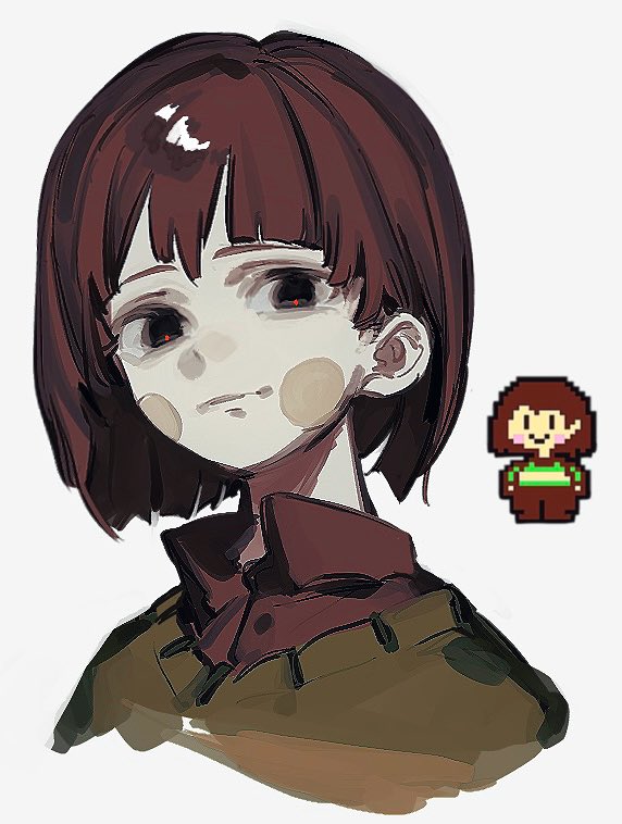 takenaka (takenaka1111), chara (undertale), undertale, utdr (toby fox), aliasing, commentary request, 1other, bags under eyes, black eyes, bob cut, bright pupils, brown hair, brown shirt, choppy bangs, circle facial mark, closed mouth, collared shirt, cropped shoulders, facial mark, green sweater, grey background, hair behind ear, hair between eyes, light smile, looking at viewer, official art inset, other focus, red pupils, shirt, short hair, simple background, solo, sweater