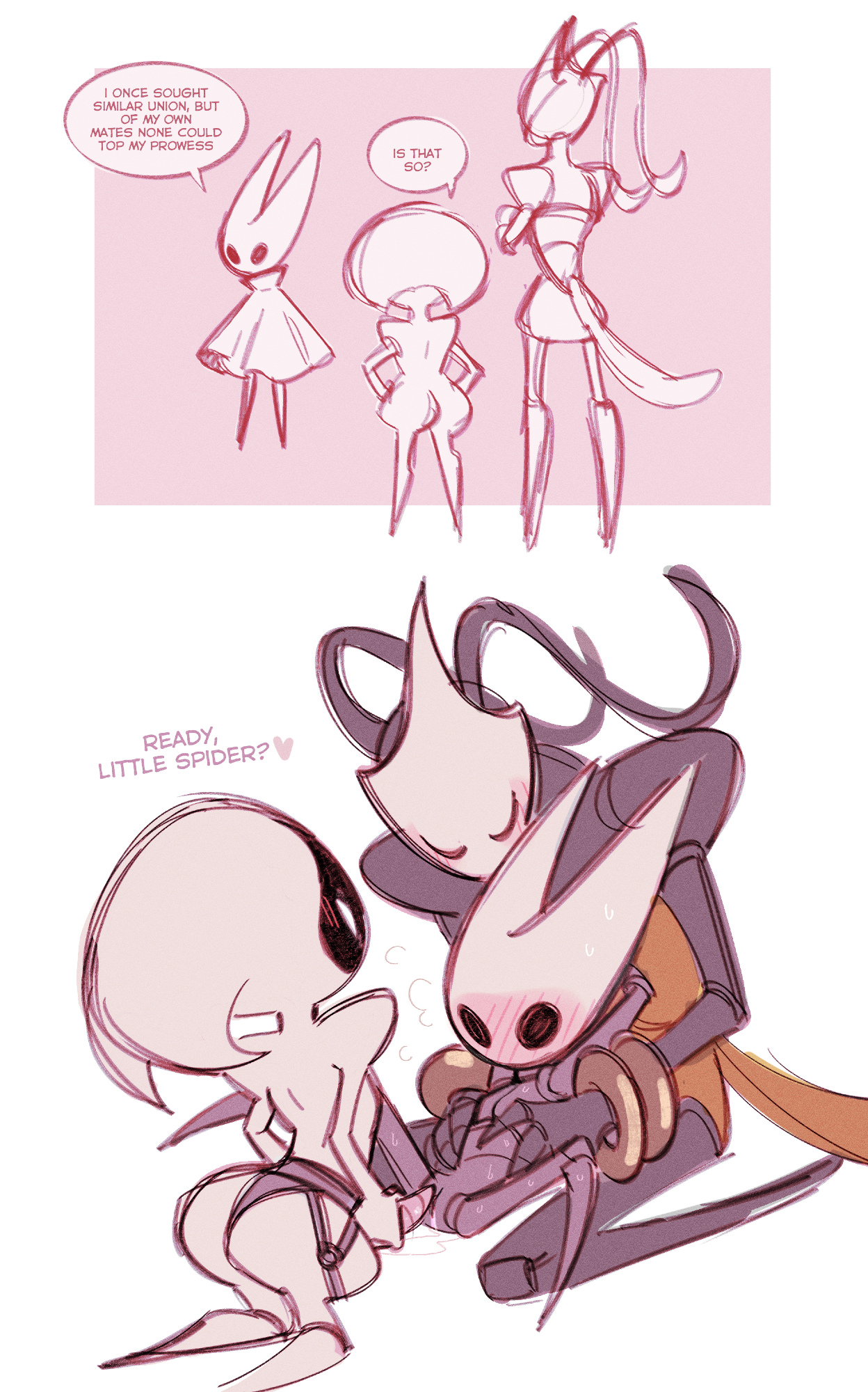 ange (angeban93), hornet (hollow knight), lace (hollow knight), shakra (hollow knight), hollow knight, hollow knight: silksong, highres, 3girls, antennae, arthropod girl, black skin, blush, cloak, colored skin, dildo, fff threesome, group sex, horned mask, imminent penetration, mask, multiple girls, pussy, red cloak, sex toy, speech bubble, spread legs, standing, strap-on, tail, tall female, threesome, yuri