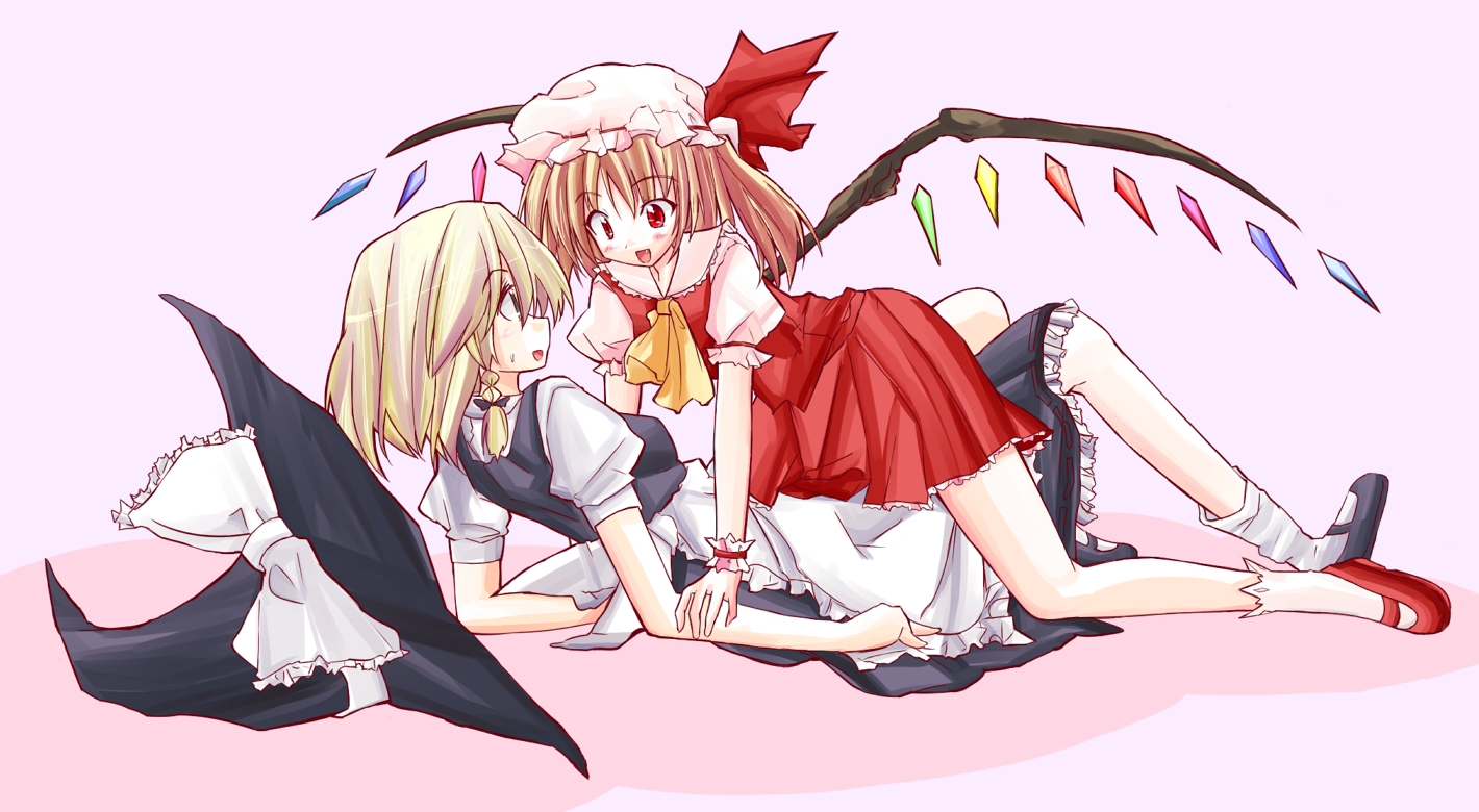 sai koro, flandre scarlet, kirisame marisa, touhou, 2girls, blonde hair, female focus, hat, long hair, mob cap, multiple girls, ponytail, ribbon, short hair, wings