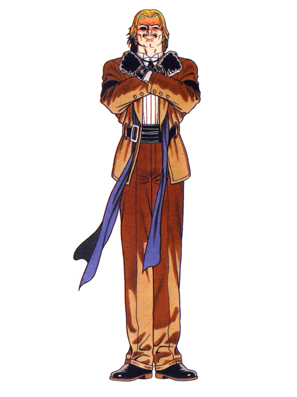 mori toshiaki, rugal bernstein, snk, the king of fighters, the king of fighters '94, official art, 1boy, blonde hair, male focus, one-eyed, solo, suit