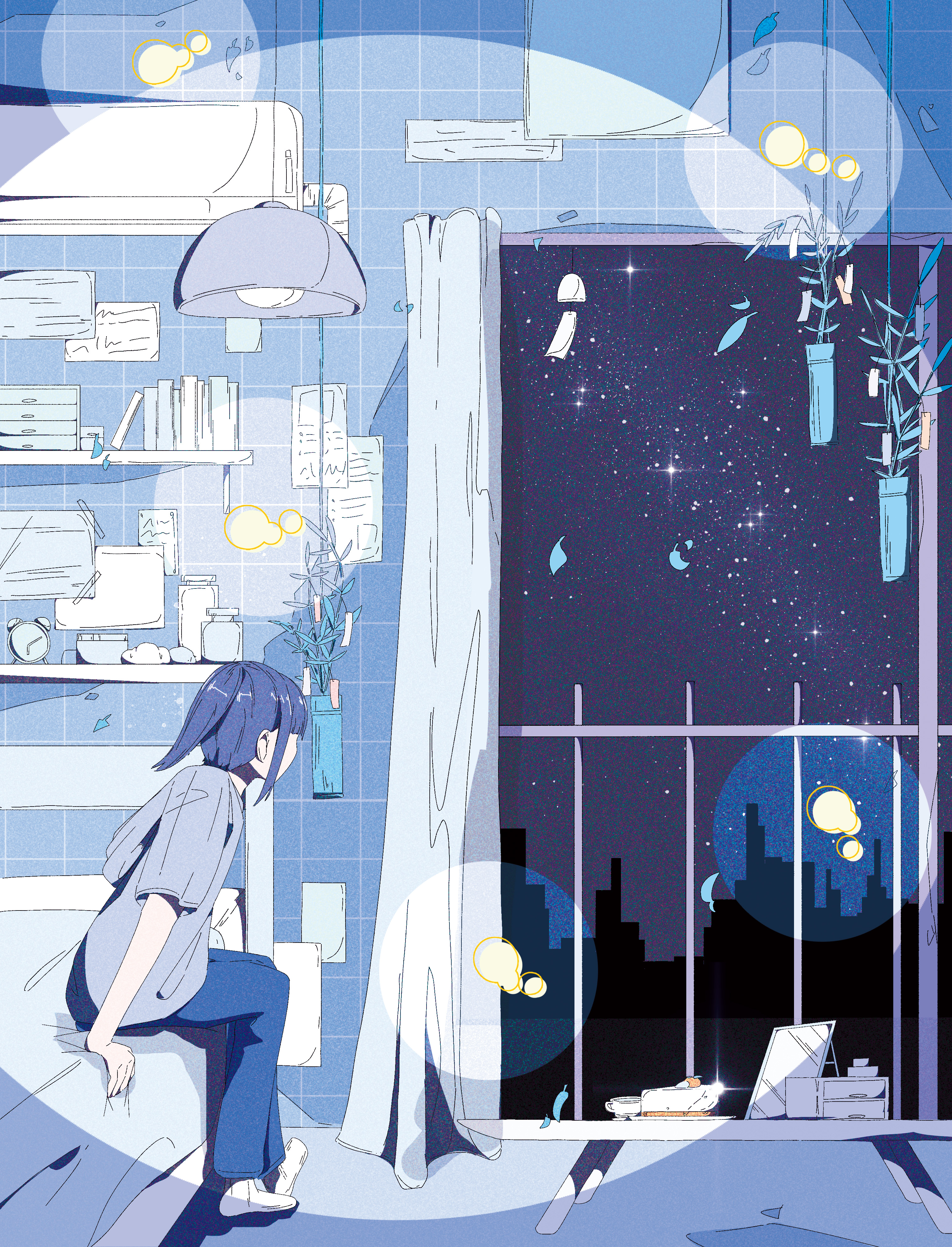 nekofood lima, original, absurdres, commentary request, highres, 1girl, alarm clock, bedroom, blue theme, clock, film grain, from side, glint, hanging light, hanging plant, hooded shirt, indoors, looking to the side, monochrome, night, night sky, no shoes, on bed, pants, plant, ponytail, potted plant, shelf, short hair, short ponytail, short sleeves, sidelocks, sky, skyline, socks, solo, star (sky), starry sky, tile wall, tiles, turning head, wide shot