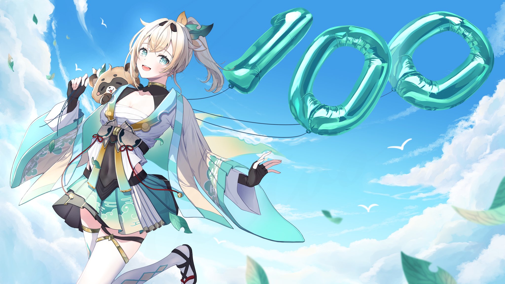 zuixiao yue, kazama iroha, hololive, highres, 1girl, aqua eyes, aqua skirt, black gloves, blonde hair, blue sky, chest sarashi, cloud, covered navel, fingerless gloves, gloves, haori, japanese clothes, layered skirt, long sleeves, looking at viewer, medium hair, open mouth, ponytail, sarashi, skirt, sky, solo, thighhighs, virtual youtuber, white thighhighs, wide sleeves