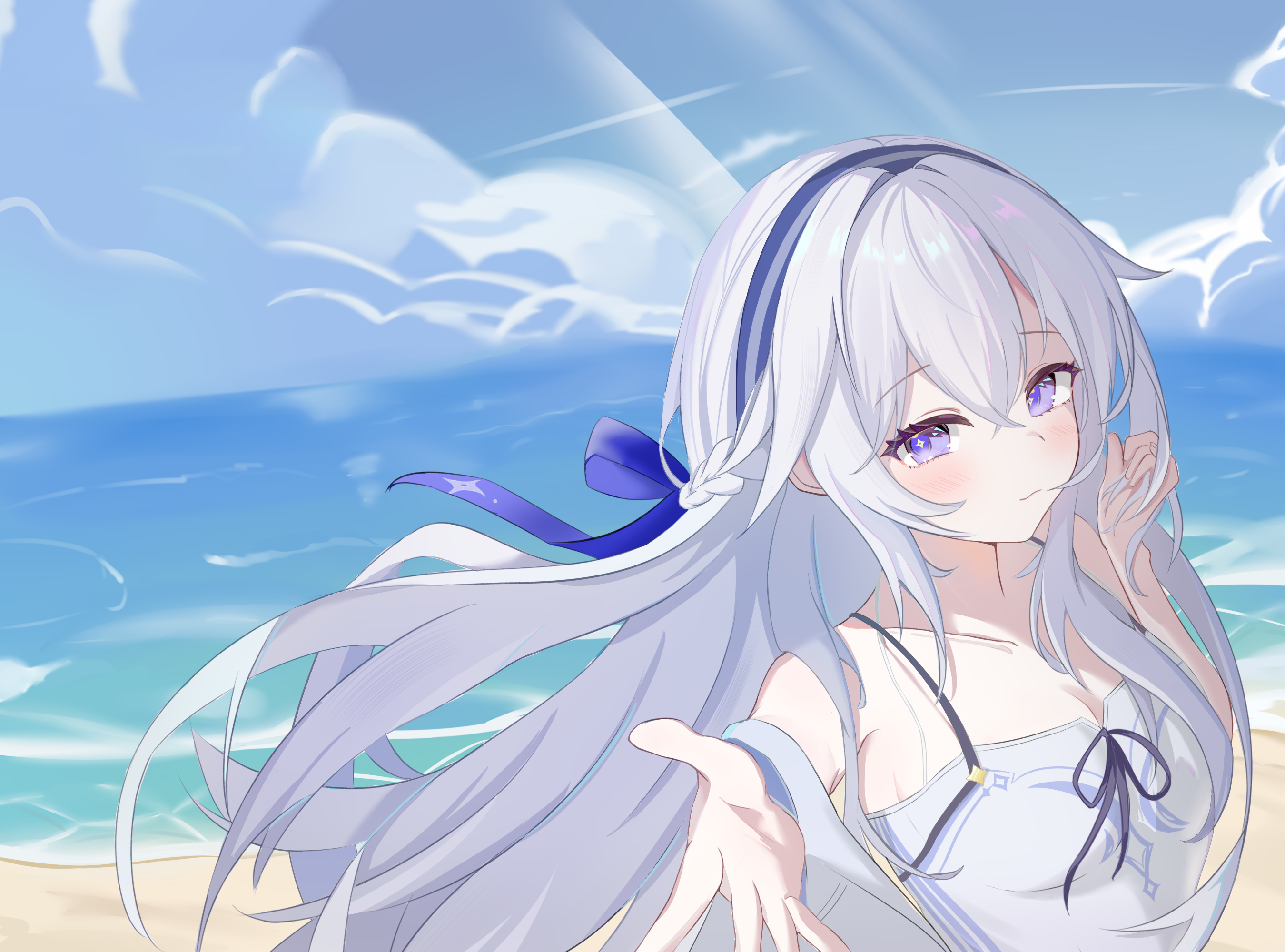 chokei, celestia (midsummer night) (strinova), celestia (strinova), strinova, highres, 1girl, beach, blush, braid, breasts, cleavage, collarbone, from side, hair between eyes, hair over shoulder, hair ribbon, hairband, halterneck, hand in own hair, hands up, long hair, looking at viewer, loose clothes, medium breasts, ocean, outdoors, purple hair, ribbon, side braid, sidelocks, sky, solo, water, white hair