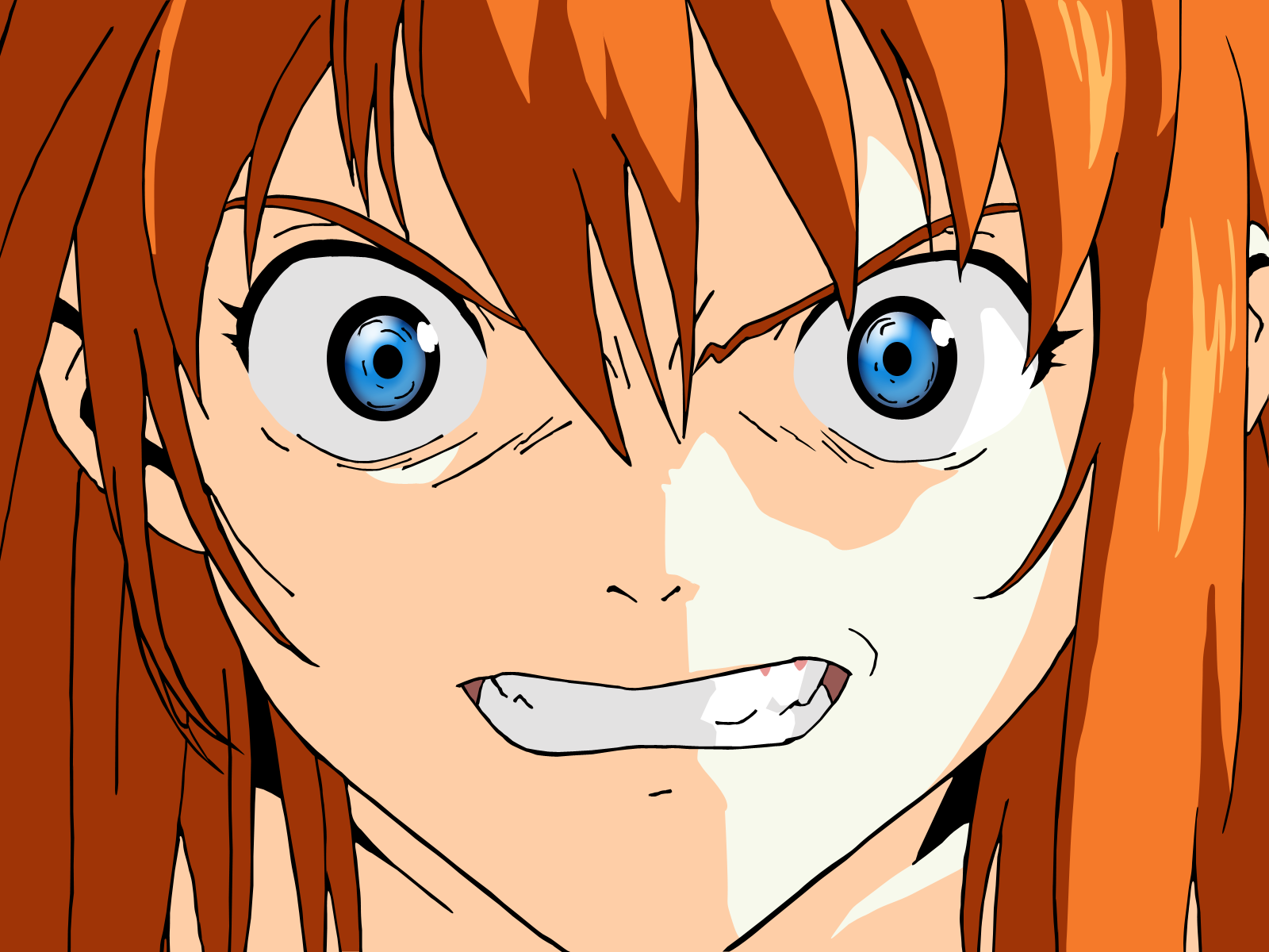 souryuu asuka langley, neon genesis evangelion, the end of evangelion, derivative work, highres, vector trace, 1girl, angry, blue eyes, crazy eyes, female focus, furious, hair between eyes, looking at viewer, portrait, red hair, solo, teeth