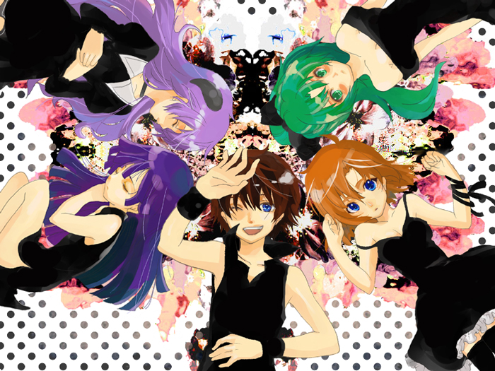 akita komachi, akita komachi (midgard), horiguchi yukiko, furude rika, hanyuu, houjou satoko, maebara keiichi, ryuuguu rena, sonozaki mion, higurashi no naku koro ni, 00s, 1boy, 4girls, dress, horns, long hair, multiple girls, short hair