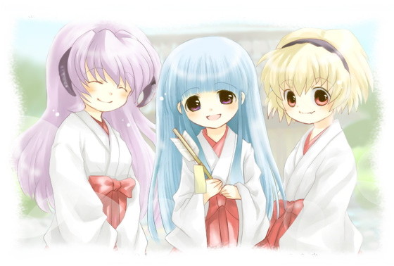 furude rika, hanyuu, houjou satoko, higurashi no naku koro ni, non-web source, 00s, 3girls, arrow (projectile), blonde hair, hakama, hakama skirt, hamaya, japanese clothes, miko, multiple girls, red hakama, skirt