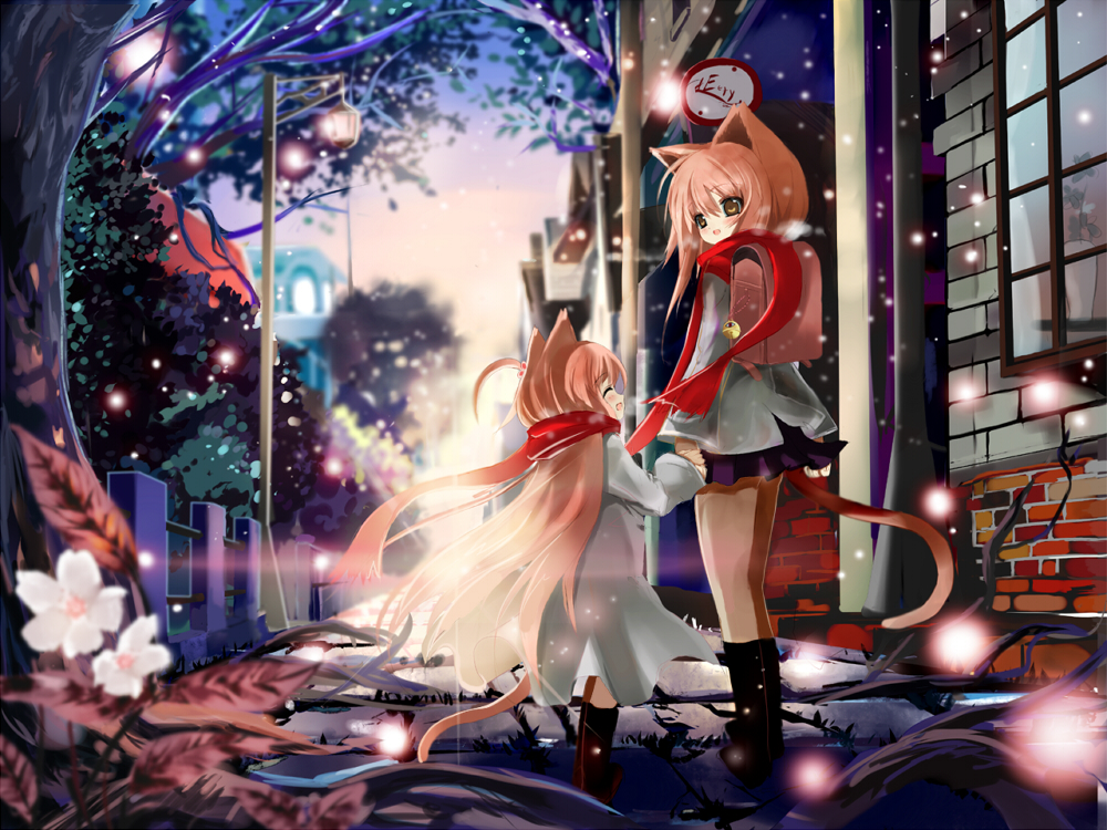 shino (eefy), original, animal ears, backpack, bag, brown eyes, brown hair, cat ears, cat tail, randoseru, scarf, snow, sunset, tail