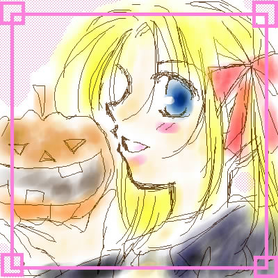 yuki (last blade), bakumatsu rouman, snk, lowres, 1girl, blonde hair, blue eyes, female focus, halloween, oekaki, pumpkin, solo