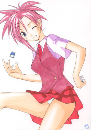 mikagami sou, asakura kazumi, mahou sensei negima!, lowres, 00s, hair ornament, hairclip, one eye closed, panties, pantyshot, plaid clothes, plaid skirt, school uniform, serafuku, skirt, solo, underwear, wink