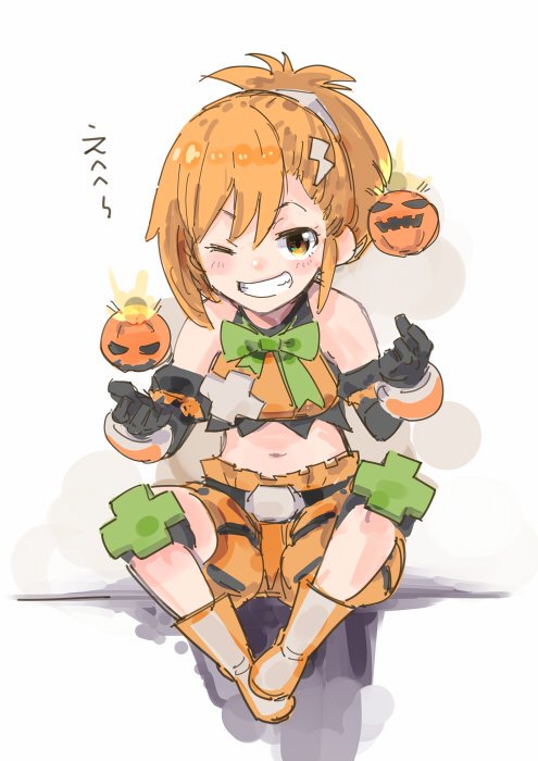 ito ryo, misogi (halloween) (princess connect!), misogi (princess connect!), princess connect!, commentary request, 1girl, ;d, bare shoulders, black gloves, boots, explosive, full body, gloves, green shorts, grenade, grin, looking at viewer, midriff, navel, one eye closed, open mouth, orange boots, orange hair, ponytail, puffy shorts, shorts, smile, solo