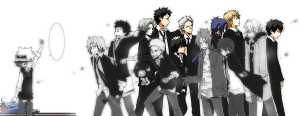 kurot, dino, dino cavallone, gokudera hayato, hibari kyouya, lambo, reborn, rokudou mukuro, sasagawa ryohei, sawada tsunayoshi, yamamoto takeshi, katekyo hitman reborn!, 00s, 6+boys, afro, age difference, animal print, bandages, black hair, black pants, blonde hair, blue hair, bouquet, boy cow, camouflage, child, coffin, cow print, death, dual persona, flower, formal clothes, funeral, fur trim, gloves, grey hair, hat, horns, jacket, long hair, male focus, memories, multiple boys, necktie, pants, rose, school uniform, serafuku, speech bubble, suit, waving, white hair