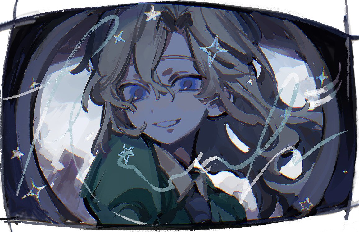takenaka (takenaka1111), mary (ib), ib (kouri), monitoring (vocaloid), commentary request, 1girl, :d, black necktie, blonde hair, blue eyes, border, building, chromatic aberration, collared shirt, curtained hair, double-parted bangs, dress, film grain, green dress, grin, hair between eyes, juliet sleeves, long hair, long sleeves, looking at viewer, necktie, open mouth, pov peephole, puffy sleeves, shirt, simple background, sky, smile, solo, sparkle, star (symbol), white border, white shirt, white sky, wind