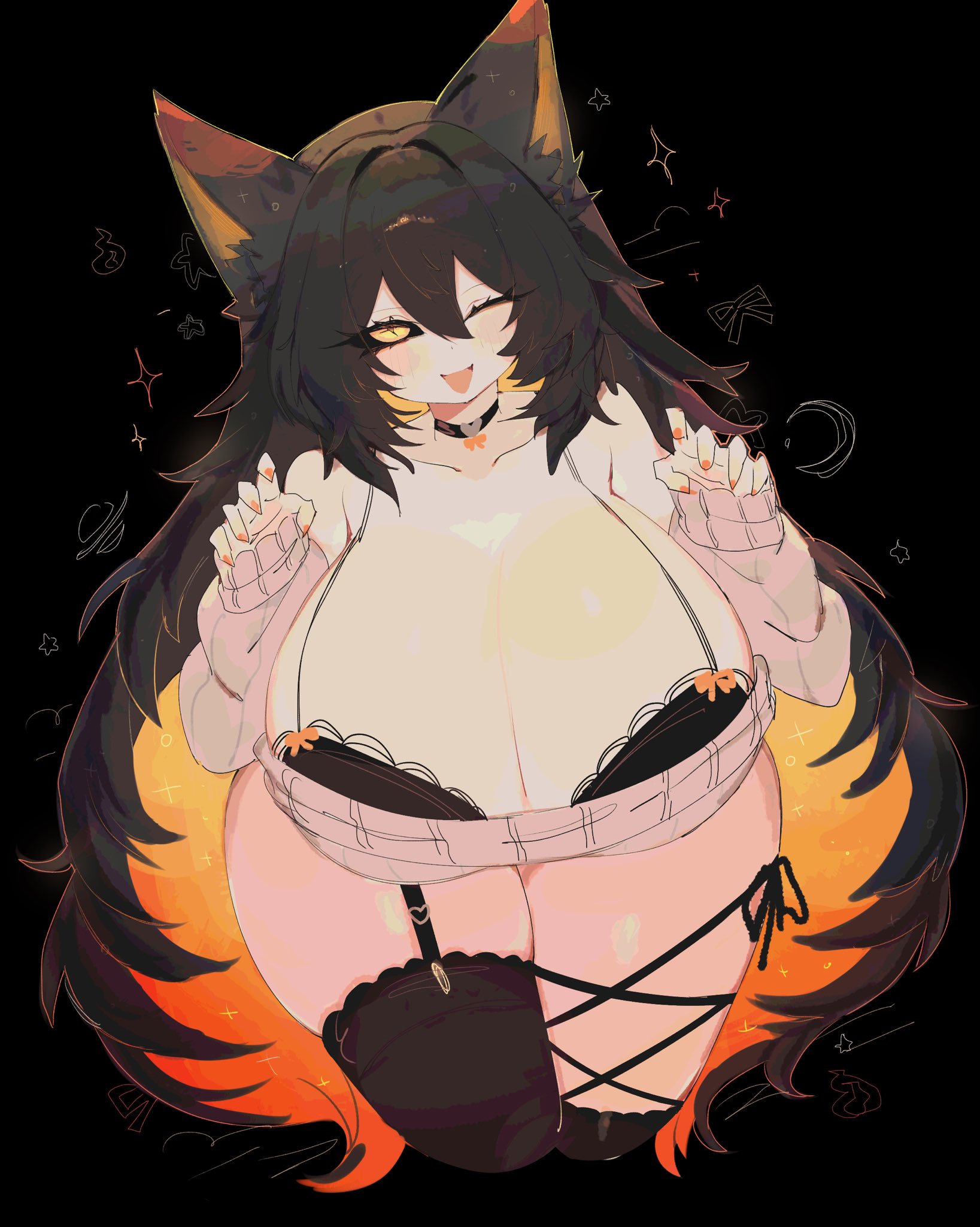 usa37107692, indie virtual youtuber, highres, 1girl, animal ear fluff, animal ears, blush, breasts, cat ears, cat girl, cat tail, large breasts, long hair, long sleeves, looking at viewer, millanoire, open mouth, simple background, smile, solo, tail, virtual youtuber