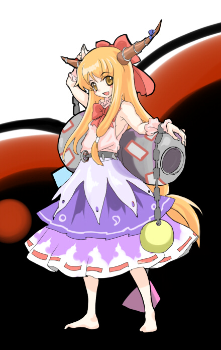 nanami sano, ibuki suika, touhou, 1girl, barefoot, blue skirt, bottle, bow, bowtie, chain, female focus, full body, gourd, hair bow, horns, layered clothes, long hair, looking at viewer, low-tied long hair, oni, orange hair, red bow, red bowtie, skirt, solo, standing, very long hair