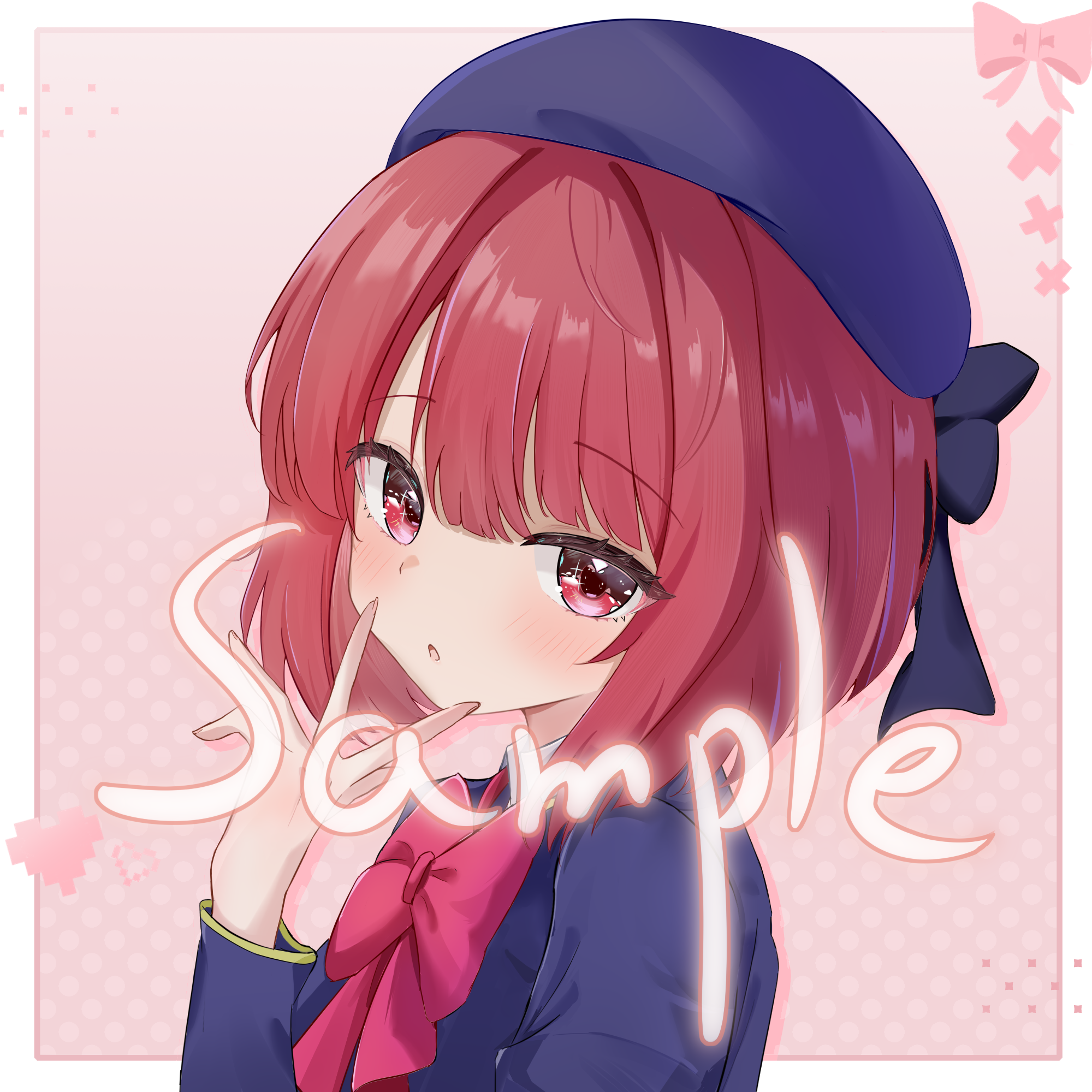chokei, arima kana, oshi no ko, highres, 1girl, :o, blunt bangs, blush, bow, bowtie, from side, hand to own mouth, hand up, hat, looking at viewer, open mouth, red eyes, red hair, sample watermark, short hair, simple background, solo, sparkling eyes, watermark