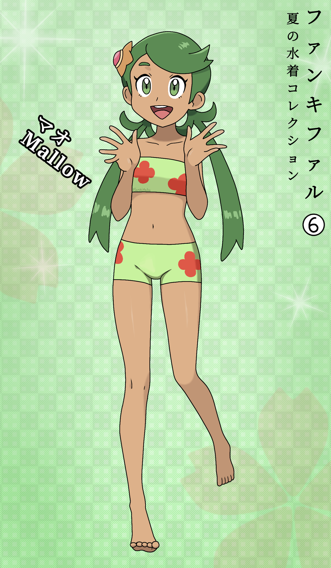 fankifalu, mallow (pokemon), staryu, nintendo, pokemon, pokemon (anime), pokemon sm, absurdres, highres, 1girl, barefoot, bikini, bikini shorts, breasts, character name, collarbone, dark-skinned female, dark skin, eyelashes, feet, feet up, female focus, floral print, full body, gen 1 pokemon, green background, green bikini, green eyes, green hair, groin, hair ornament, hands up, happy, japanese text, knees, legs, long hair, looking at viewer, looking back, low twintails, matching hair/eyes, midriff, navel, official alternate costume, open mouth, print bikini, shorts, small breasts, standing, standing on one leg, strapless, strapless bikini, sweater vest, swimsuit, thighs, toes, twintails, very long hair