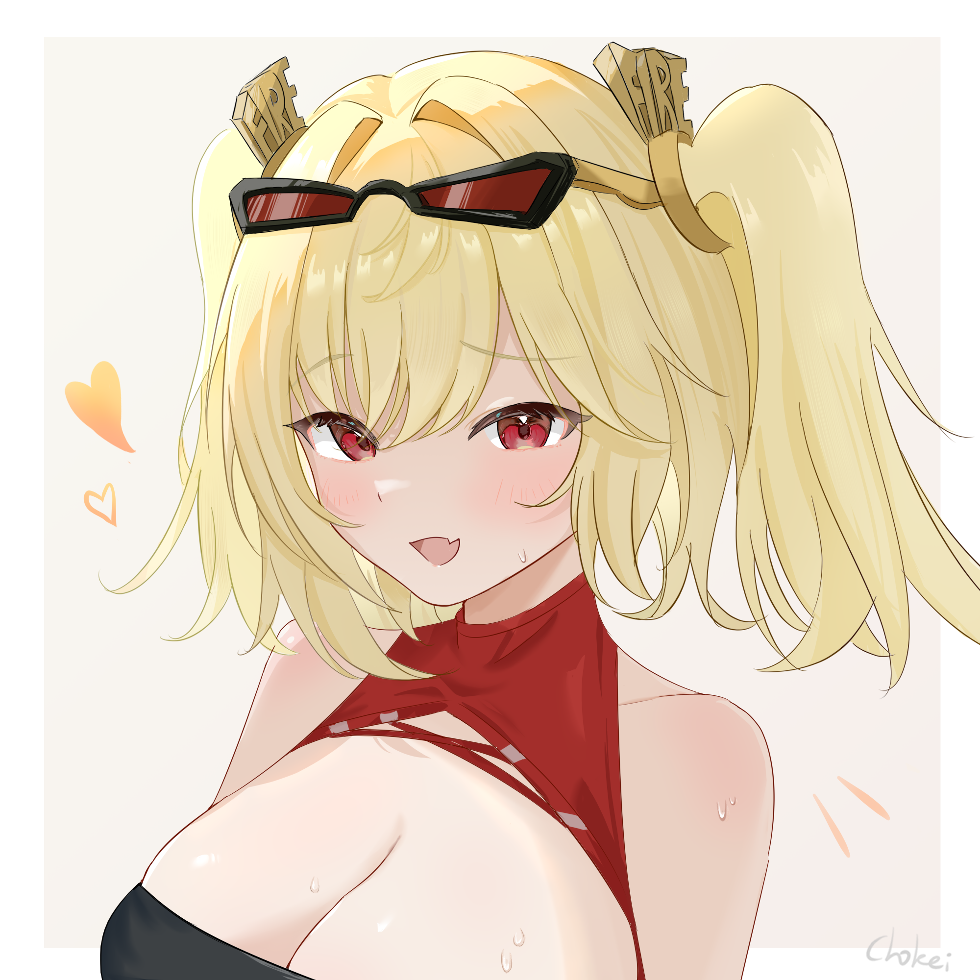 chokei, burnice white, zenless zone zero, highres, 1girl, blonde hair, blush, breasts, cleavage, fang, glasses on head, hair between eyes, huge breasts, large breasts, looking at viewer, medium hair, open mouth, red eyes, simple background, skin fang, smile, solo, sweat, sweatdrop, swept bangs, twintails, white background