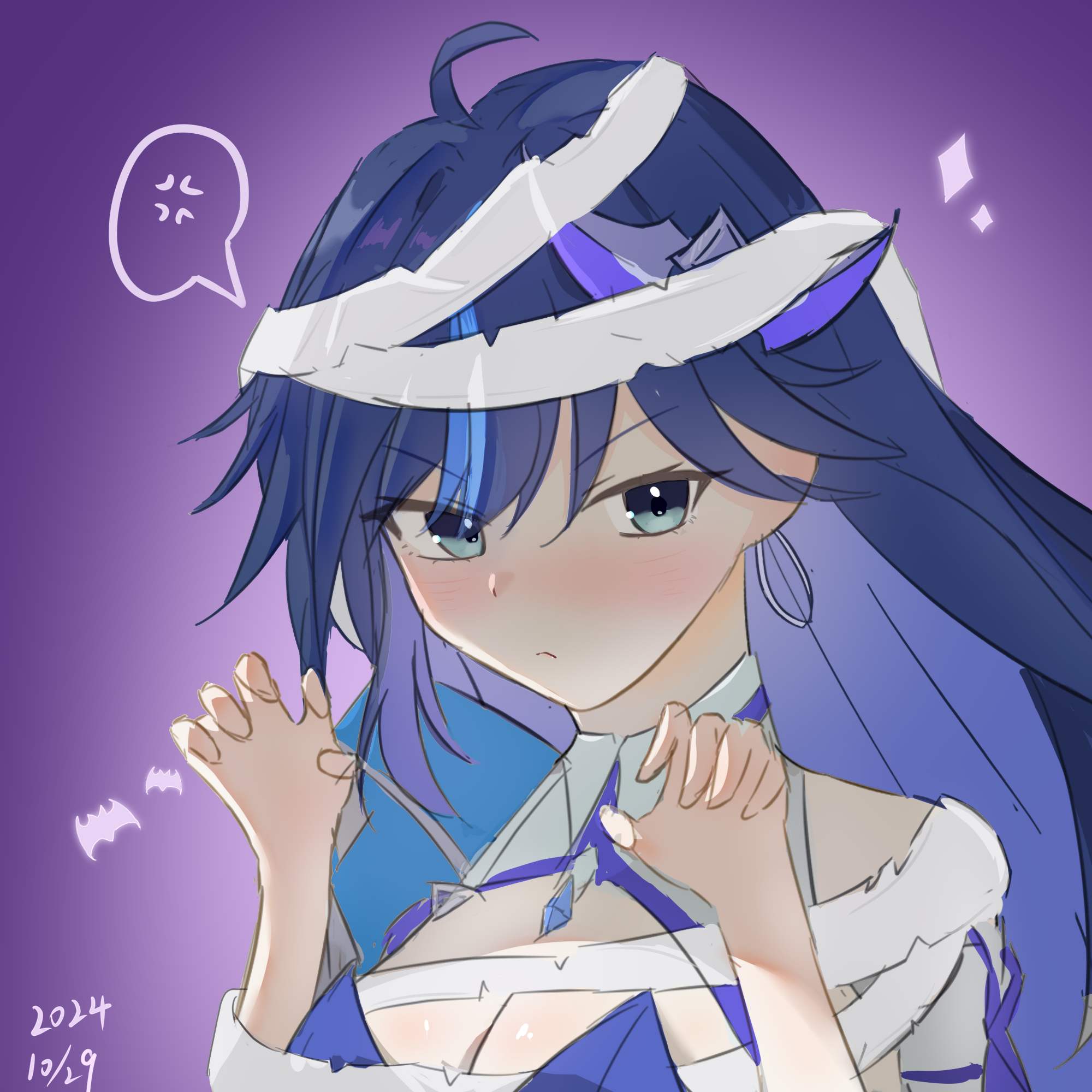 chokei, lawine (stellar mirage) (strinova), lawine (strinova), strinova, highres, 1girl, ahoge, anger vein, aqua eyes, blue hair, blush, breasts, cleavage, earrings, hair between eyes, halterneck, hands up, jewelry, large breasts, long hair, looking at viewer, purple background, simple background, solo, spoken anger vein, swept bangs