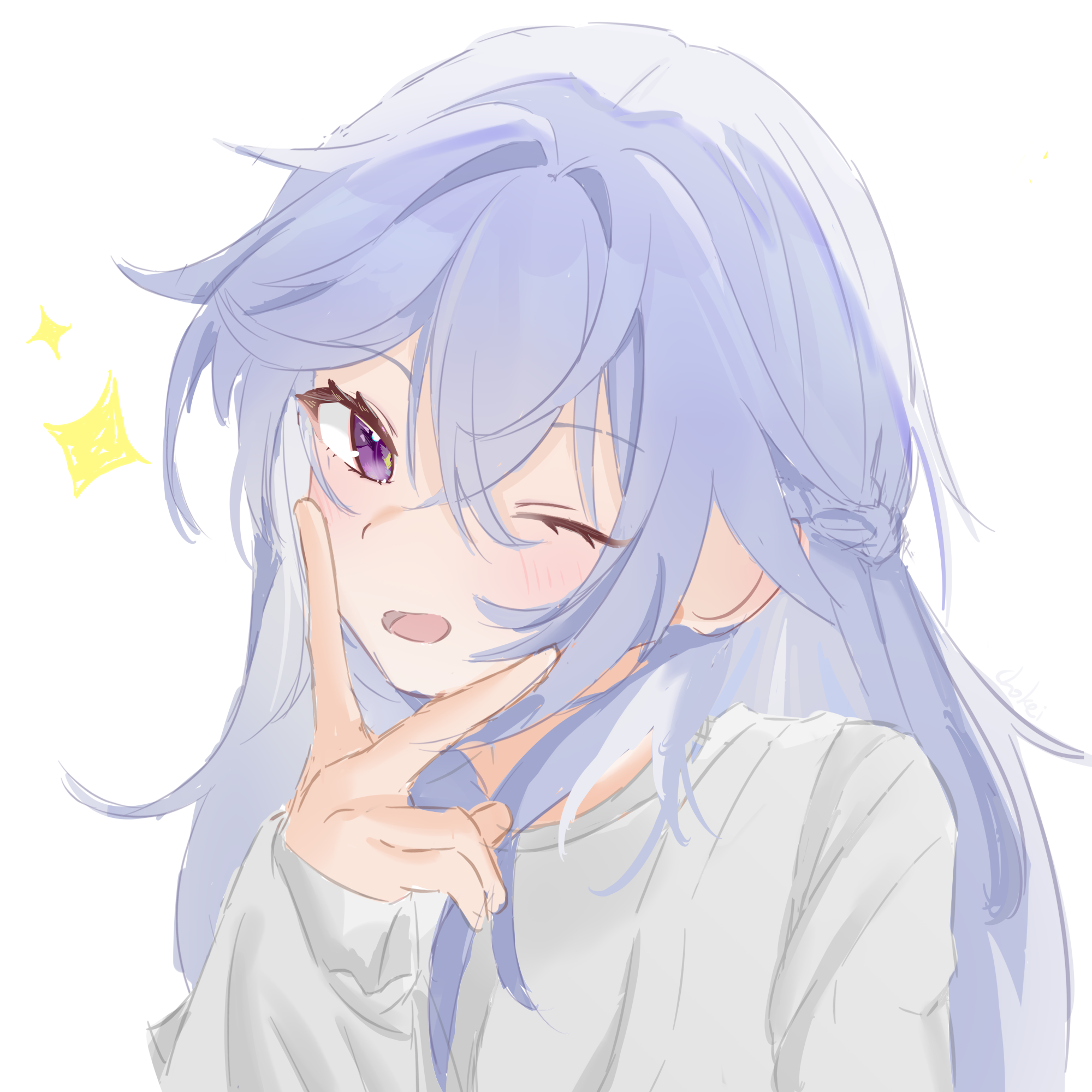 chokei, celestia (strinova), strinova, highres, 1girl, braid, hair between eyes, hair intakes, hand up, long hair, long sleeves, looking at viewer, loose clothes, one eye closed, open mouth, purple eyes, side braid, sidelocks, simple background, solo, star (symbol), tongue, v, white background, white hair, wink
