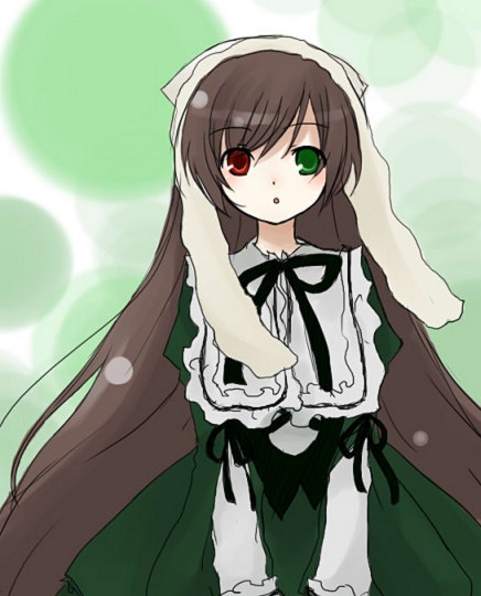 sakaki chihiro, suiseiseki, rozen maiden, 00s, 1girl, brown hair, female focus, headscarf, heterochromia, solo, white headscarf
