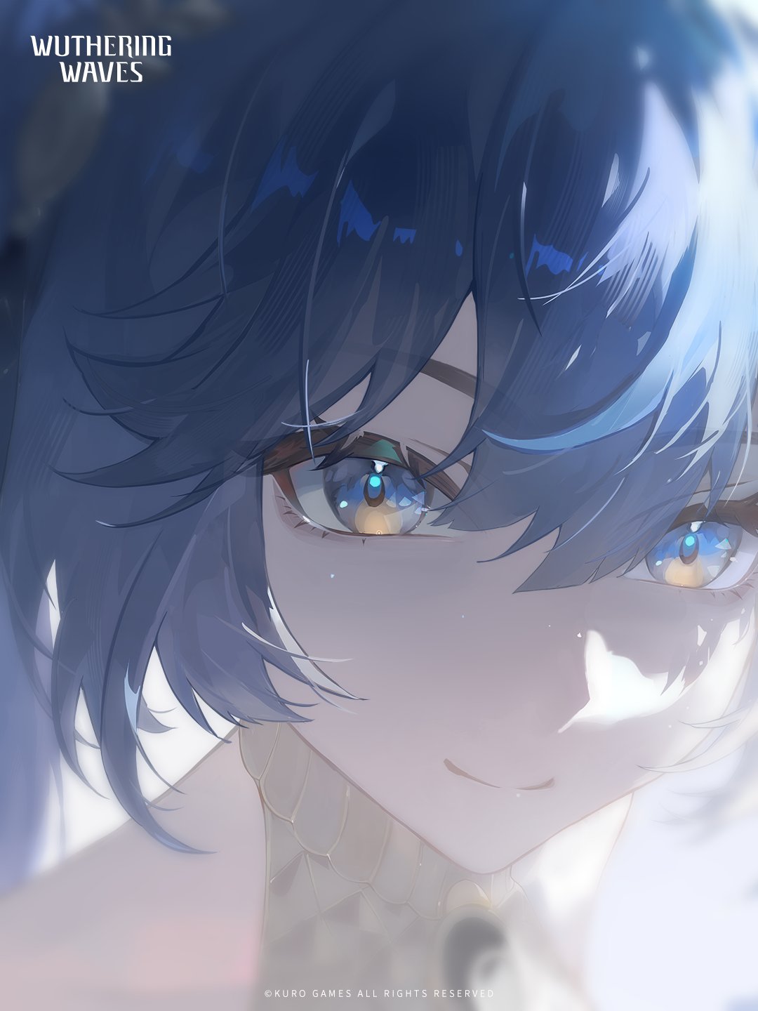 iuno (wuthering waves), wuthering waves, commentary, english commentary, highres, official art, 1girl, blue eyes, blue hair, closed mouth, copyright notice, logo, looking at viewer, portrait, smile, solo