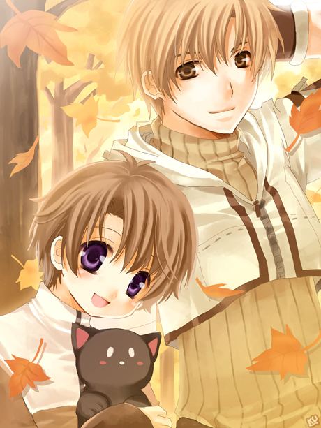kurot, acolyte (ragnarok online), hunter (ragnarok online), ragnarok online, 2boys, autumn, brown eyes, brown hair, cat, drooping cat, hunter, leaf, male focus, multiple boys, nature, outdoors, plant, purple eyes, smile, upper body
