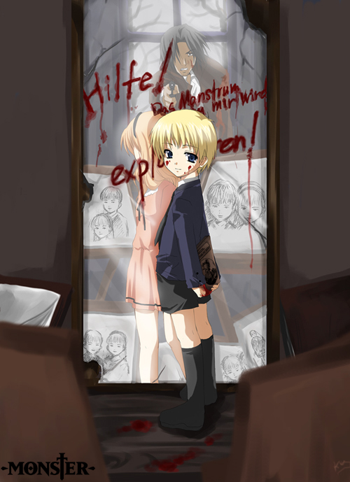 kurot, anna liebert, johan liebert, tenma kenzou, monster (manga), translated, 1girl, 2boys, blood, book, child, different reflection, german text, gun, mirror, multiple boys, reflection, sketch, weapon