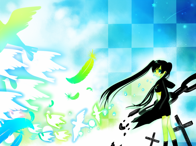 funiko, super dry (super dry rr), black rock shooter (character), hatsune miku, black rock shooter, vocaloid, bad id, bad pixiv id, 10s, 1girl, black hair, blacku00e2u02dcu2026rock shooter, chain, female focus, midriff, solo, twintails