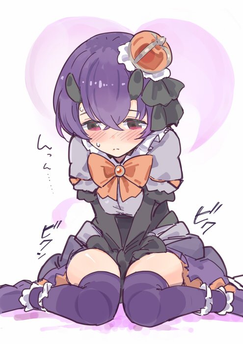 ito ryo, shinobu (halloween) (princess connect!), shinobu (princess connect!), princess connect!, commentary request, 1girl, black corset, blush, bow, bowtie, corset, crown, demon girl, demon horns, dress, frown, grey dress, hair between eyes, hair between horns, high-waist skirt, horns, layered sleeves, long sleeves, mini crown, orange bow, orange bowtie, pink eyes, puffy short sleeves, puffy sleeves, purple hair, purple thighhighs, short hair, short over long sleeves, short sleeves, sitting, skirt, solo, thighhighs, tilted headwear, underbust, white background