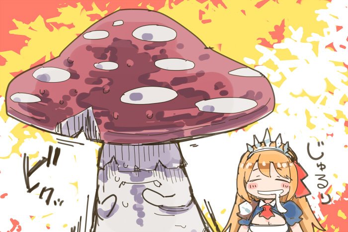ito ryo, pecorine (princess connect!), princess connect!, commentary request, 1girl, ascot, blue shrug, breasts, cleavage, drooling, gloves, monster, mouth drool, mushroom, orange hair, puffy short sleeves, puffy sleeves, red ascot, short sleeves, shrug (clothing), single shoulder pad, tiara, white gloves