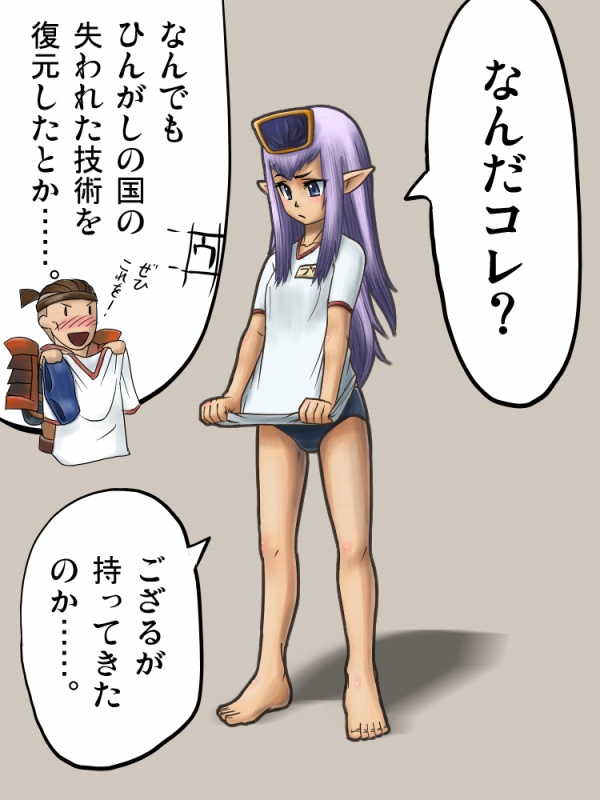 elvaan, prishe, final fantasy, final fantasy xi, translation request, 00s, blush, buruma, elf, grey eyes, long hair, pointy ears, purple hair