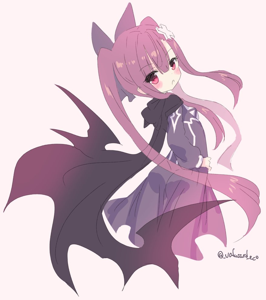 valucard eco, alucard lore, emil chronicle online, 1girl, black bow, black cloak, black dress, bow, breasts, cloak, cross hair ornament, dress, from side, hair bow, hair ornament, long hair, looking at viewer, purple hair, red eyes, skirt hold, small breasts, solo, twintails, twitter username