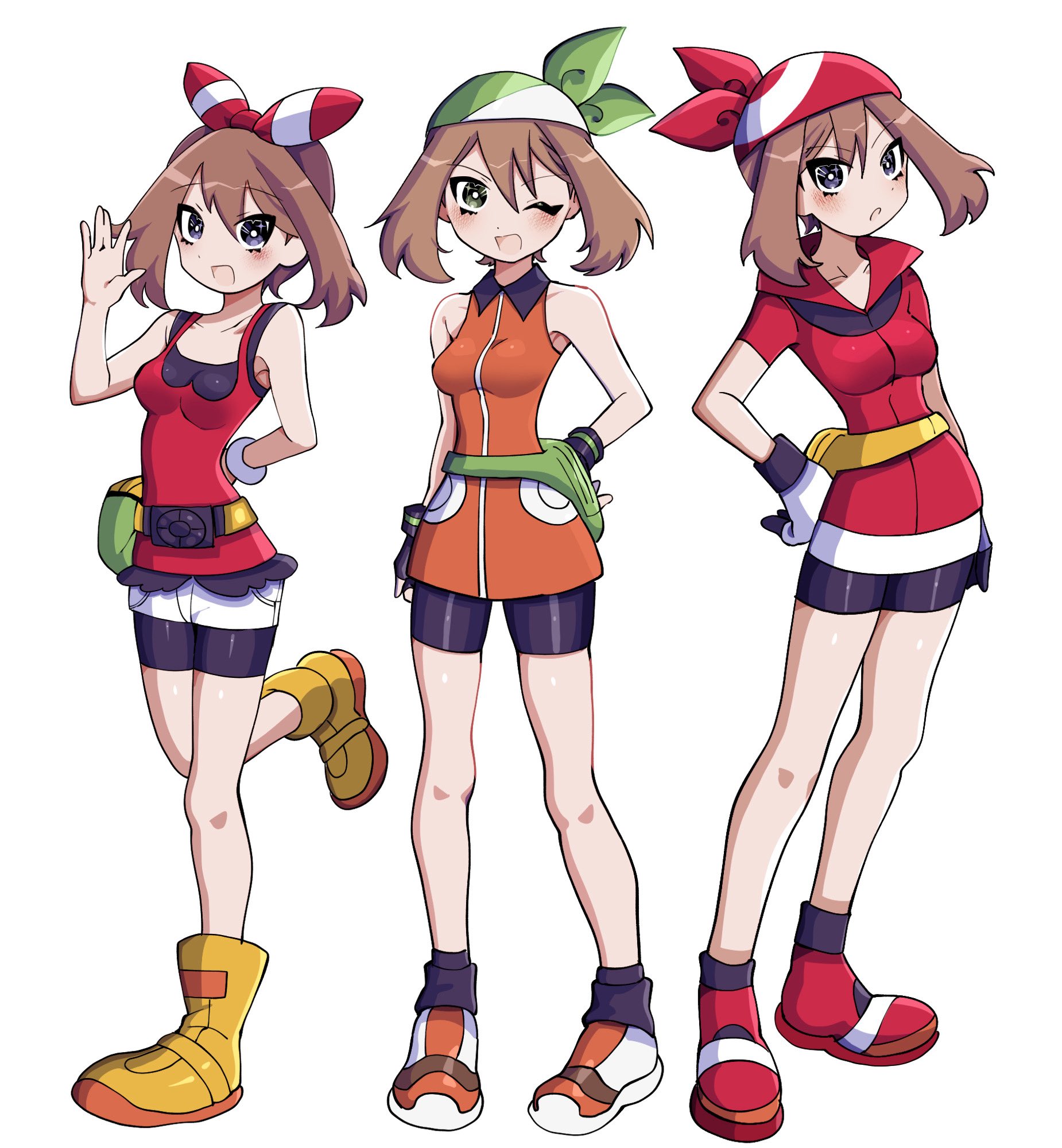 koshianpancake, may (pokemon), nintendo, pokemon, pokemon emerald, pokemon oras, pokemon rse, highres, 3girls, :d, :o, ;d, bandana, bare shoulders, bike shorts, bike shorts under shorts, black gloves, black shorts, black socks, blush, bow, bow hairband, breasts, brown hair, dress, fanny pack, full body, gloves, green bandana, hair between eyes, hair bow, hairband, hand on own hip, leg up, looking at viewer, multiple girls, multiple persona, one eye closed, open mouth, orange dress, red bandana, red bow, red hairband, red shirt, red shoes, shirt, shoes, short hair, short sleeves, shorts, sleeveless, sleeveless dress, sleeveless shirt, smile, socks, standing, standing on one leg, two-tone gloves, white background, white gloves, white shorts, yellow shoes