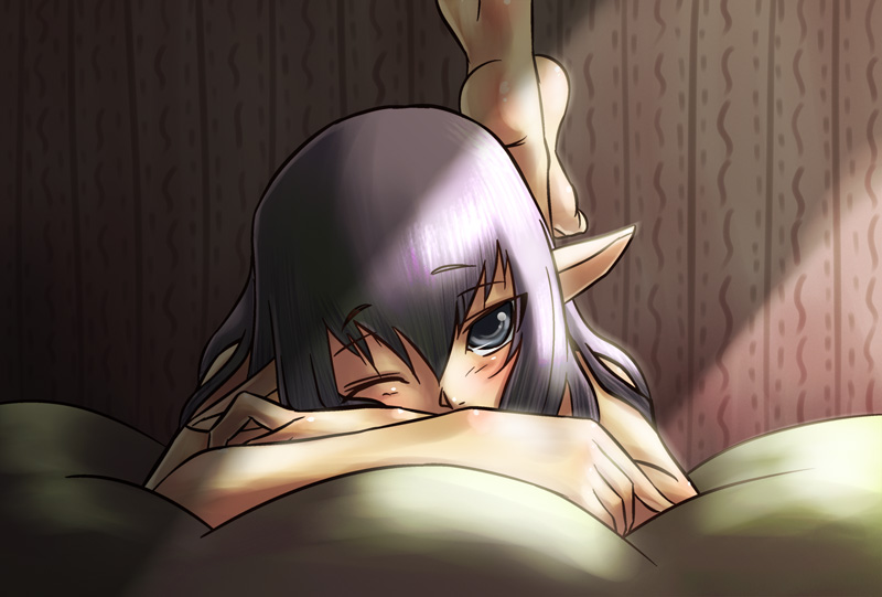 tara baka ni, elvaan, prishe, final fantasy, final fantasy xi, 00s, 1girl, barefoot, blush, elf, female focus, grey eyes, long hair, lying, on stomach, one eye closed, pointy ears, purple hair, solo