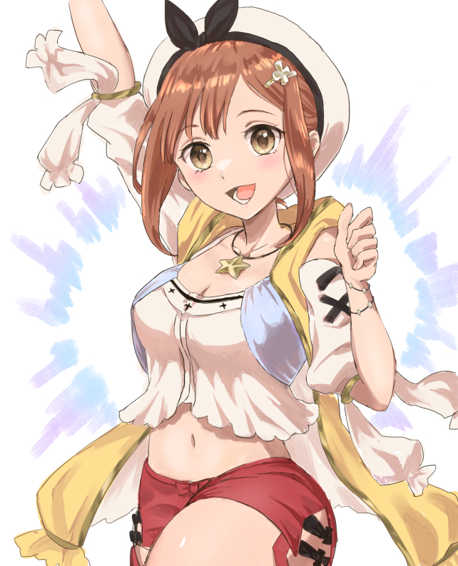 umi soruto, reisalin stout, atelier (series), atelier ryza, atelier ryza 1, commentary, 1girl, arm up, beret, bracelet, breasts, brown hair, camisole, cleavage, cowboy shot, detached sleeves, hair ornament, hairclip, hand up, hat, jacket, jewelry, looking at viewer, lower teeth only, medium breasts, midriff, multiple bracelets, navel, necklace, open clothes, open jacket, open mouth, red shorts, short shorts, shorts, sidelocks, sleeveless, sleeveless jacket, smile, solo, star (symbol), star necklace, teeth, white background, white camisole, white hat, white sleeves, yellow eyes, yellow jacket
