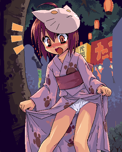 mof, redrantem, tomoshibi hidekazu, bike shorts girl (tomoshibi hidekazu), original, lowres, 1girl, blush, brown hair, cameltoe, failure, female focus, japanese clothes, kimono, oekaki, panties, solo, surprised, underwear
