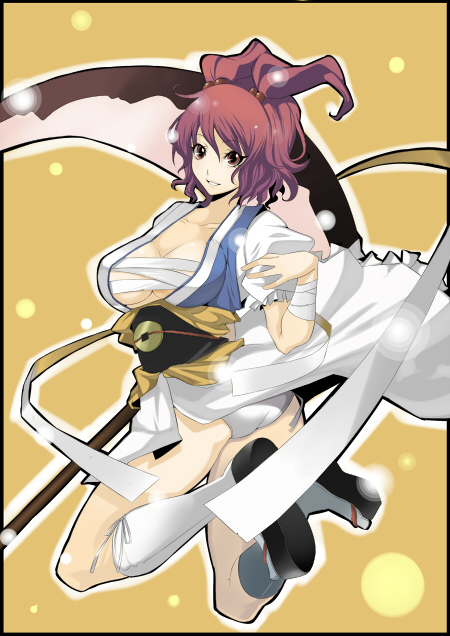 akishima kei, mayotome, onozuka komachi, touhou, bad id, bad pixiv id, 1girl, breasts, female focus, full body, huge breasts, panties, red hair, sarashi, scythe, short hair, solo, underwear