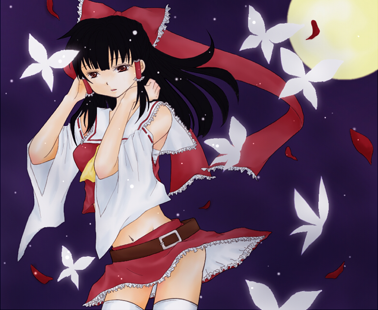 kuma (malia k), kuma (pixiv), hakurei reimu, touhou, bad id, bad pixiv id, 1girl, black hair, female focus, japanese clothes, long hair, midriff, miko, ribbon, skirt, solo, thighhighs