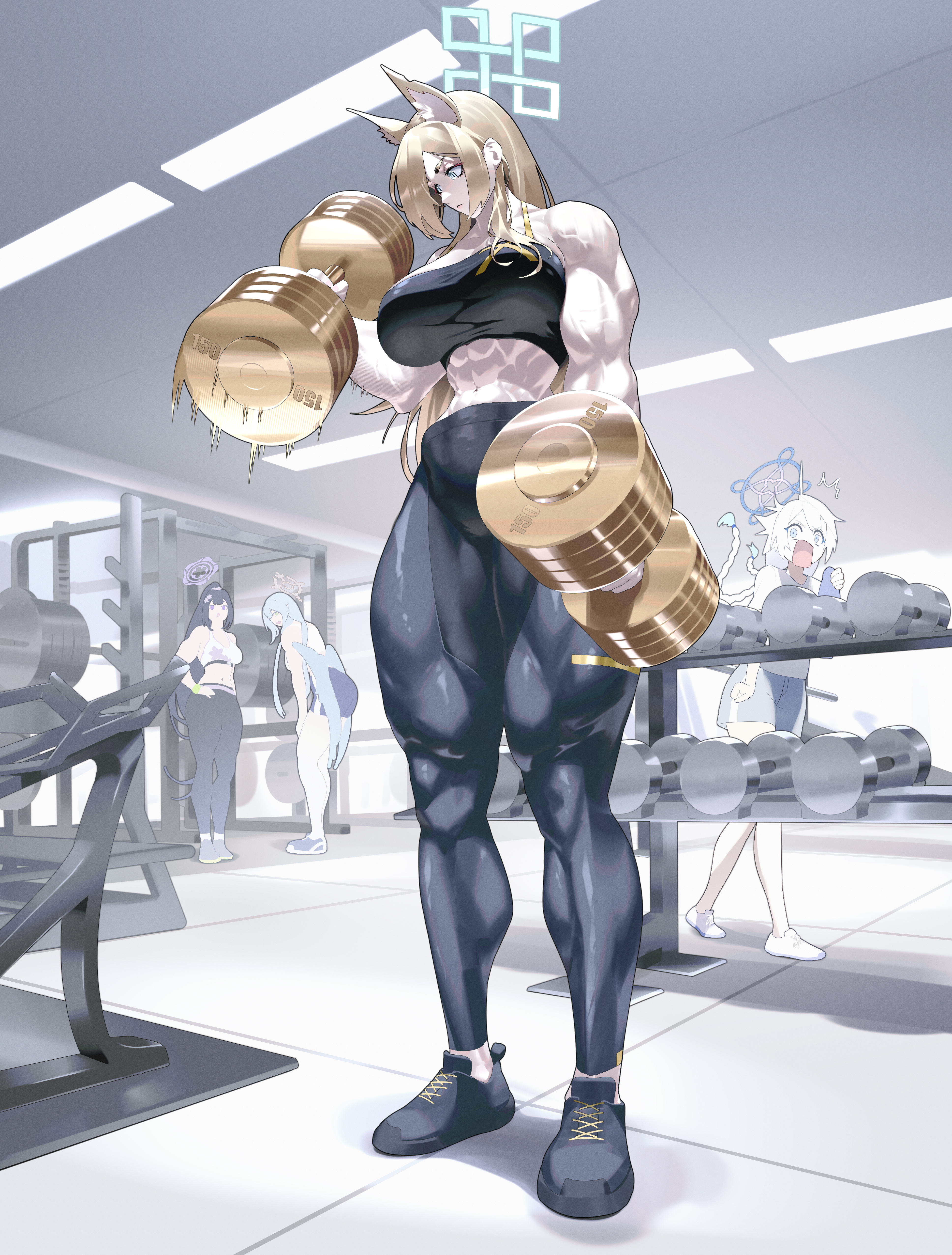 qtime 702, kanna (blue archive), kirino (blue archive), mine (blue archive), sumire (blue archive), blue archive, absurdres, highres, 4girls, abs, animal ears, blonde hair, breasts, exercising, full body, gym, halo, indoors, large breasts, long hair, looking at another, looking at object, multiple girls, muscular, muscular female, navel, open mouth, shoes, shorts, solo focus, twintails, weightlifting