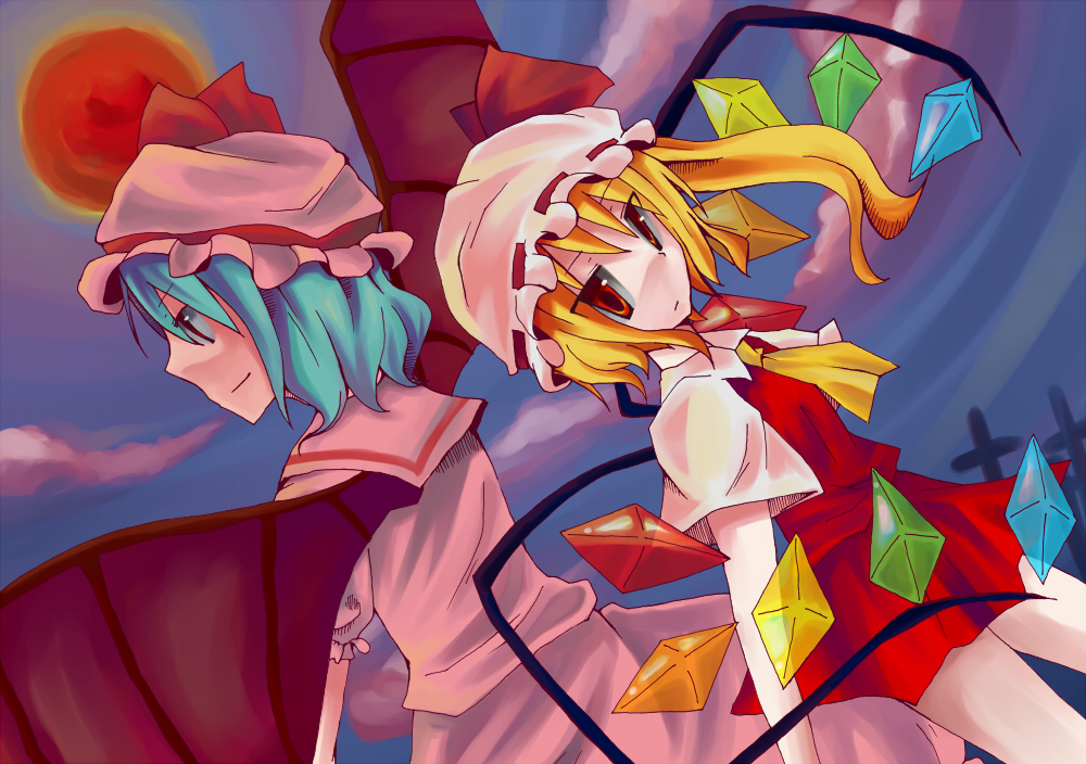ichigon, ichigon (chigoso), flandre scarlet, remilia scarlet, touhou, bad id, bad pixiv id, 2girls, blonde hair, blue hair, dutch angle, female focus, hat, mob cap, moon, multiple girls, ponytail, red moon, ribbon, short hair, siblings, sisters, wings