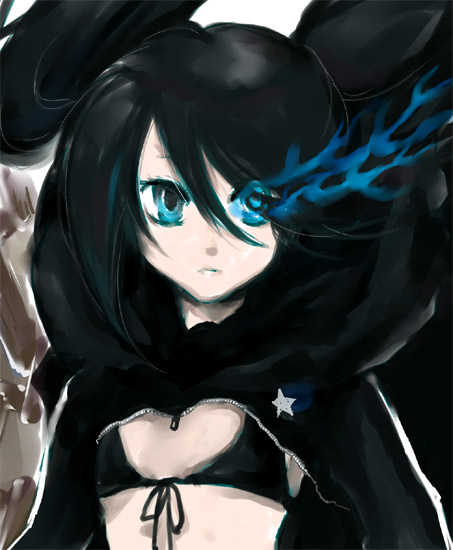 hoshino hitsuki, black rock shooter (character), hatsune miku, black rock shooter, vocaloid, bad id, bad pixiv id, 10s, 1girl, blackâ˜…rock shooter, black hair, blue eyes, female focus, long hair, ribbon, solo, star (symbol), twintails